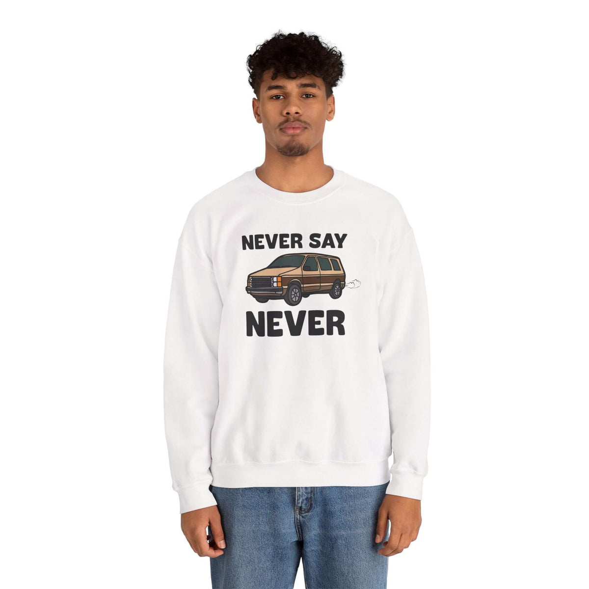 Never Say Never Vintage 80s Van Sweatshirt featuring a Dodge Caravan graphic, perfect for casual outings.