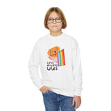 Kids' sweatshirt featuring a dog with a rainbow flag, spreading love and inclusivity for LGBTQ+ Pride.