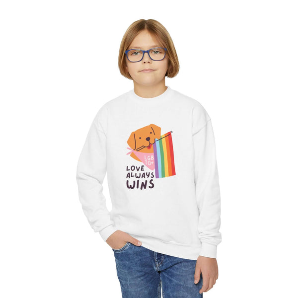 Kids' sweatshirt featuring a dog with a rainbow flag, spreading love and inclusivity for LGBTQ+ Pride.
