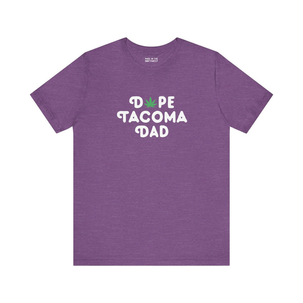 Dope Tacoma Dad soft tee in purple with playful marijuana leaf design, perfect for cool dads in Washington.