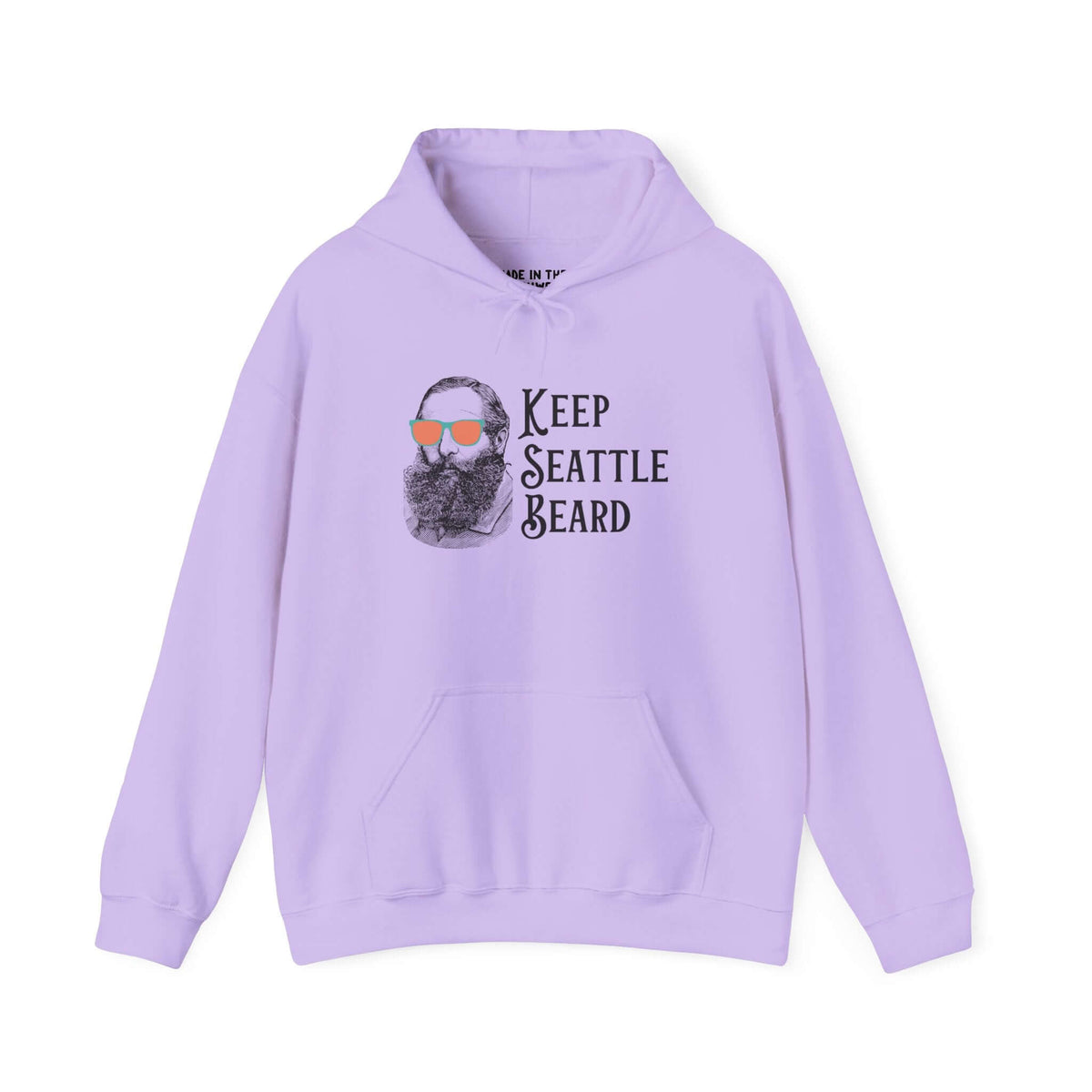 Light purple Keep Seattle Beard hoodie with vintage bearded graphic and funky shades design.