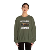 Cozy vintage 80s sweatshirt featuring Dodge Caravan graphic and 'Never Say Never' text.