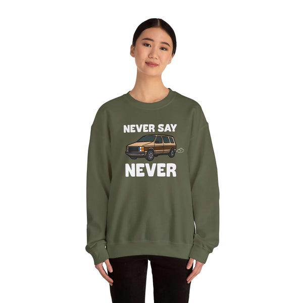 Cozy vintage 80s sweatshirt featuring Dodge Caravan graphic and 'Never Say Never' text.