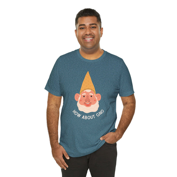 Man smiling while wearing a How About Gno premium soft tee featuring a playful gnome design.