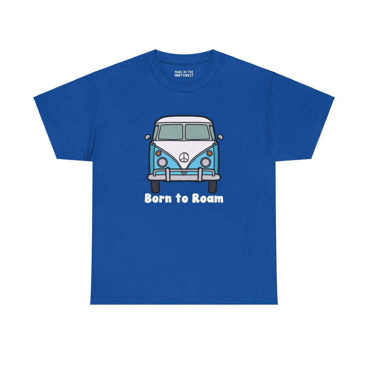 Blue Born to Roam tee with classic vanagon bus and peace sign, perfect for free-spirited wanderers and nomadic lifestyle lovers.