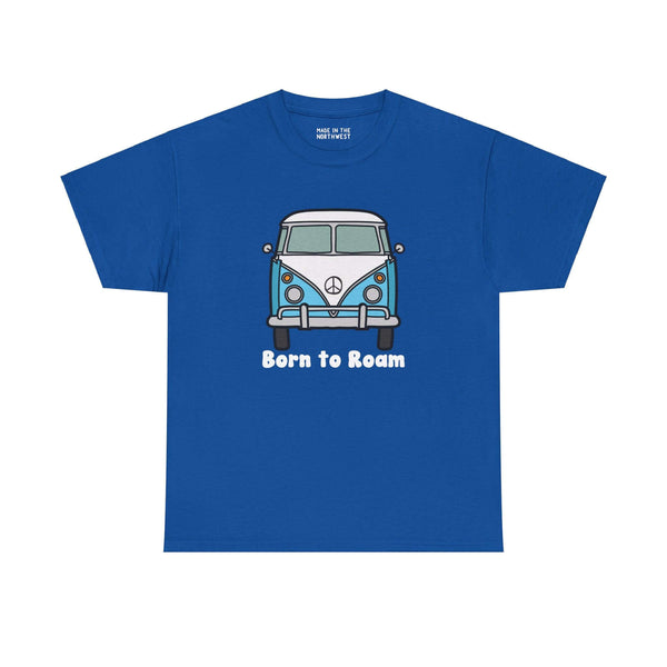 Blue Born to Roam tee with classic vanagon bus and peace sign, perfect for free-spirited wanderers and nomadic lifestyle lovers.