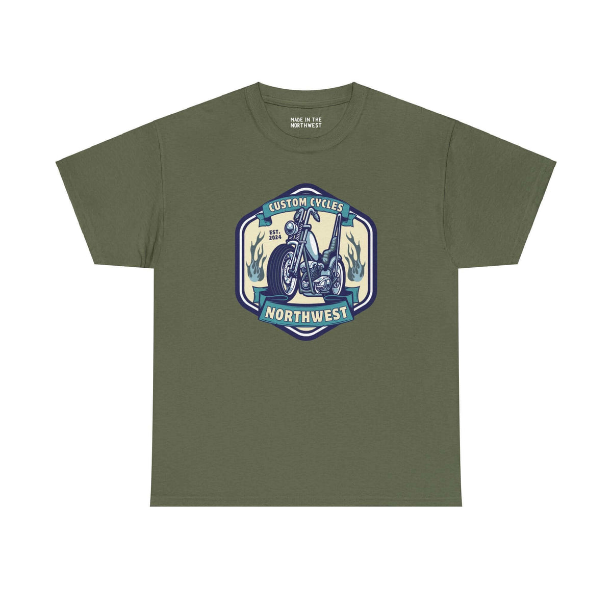 Olive green tee with 'Custom Cycles Northwest' motorcycle graphic, perfect for motorcycle enthusiasts seeking style and comfort.