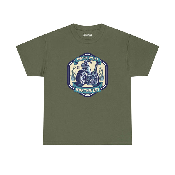 Olive green tee with 'Custom Cycles Northwest' motorcycle graphic, perfect for motorcycle enthusiasts seeking style and comfort.