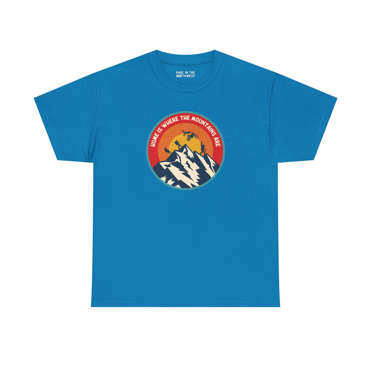 Home is Where the Mountains Are athletic tee in blue featuring vibrant PNW design with mountains and sun.