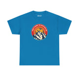 Home is Where the Mountains Are athletic tee in blue featuring vibrant PNW design with mountains and sun.