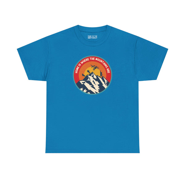 Home is Where the Mountains Are athletic tee in blue featuring vibrant PNW design with mountains and sun.