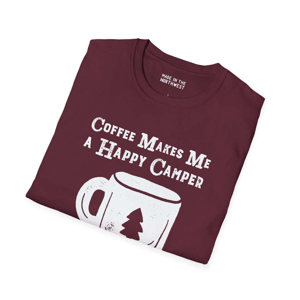 Maroon t-shirt displaying 'Coffee Makes Me a Happy Camper' with a coffee mug and tree graphic.