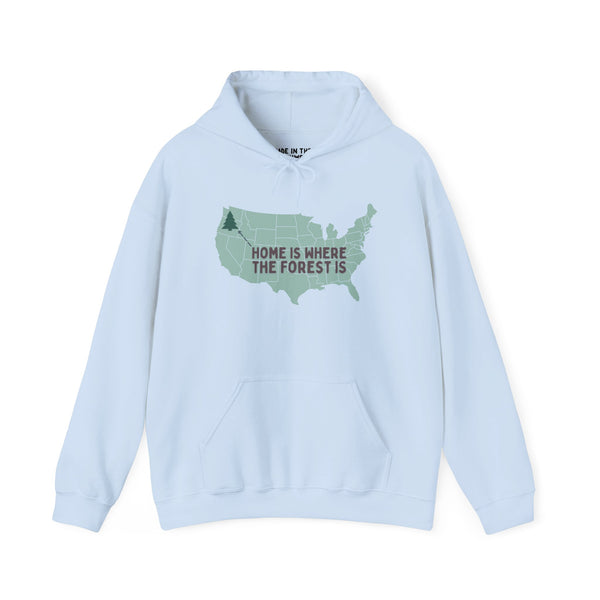 Light blue hoodie with 'Home is Where the Forest Is' printed over a U.S. map design, ideal for nature lovers.