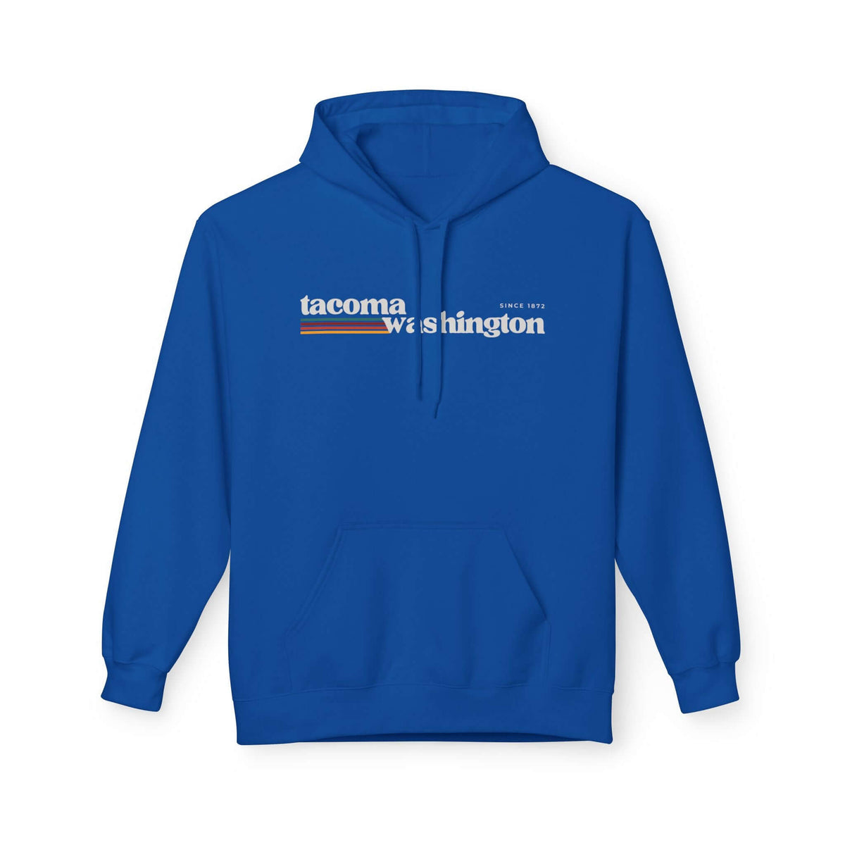 Retro Tacoma Hoodie in blue featuring Tacoma, Washington graphic and retro stripes design.