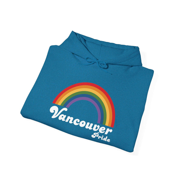 Vibrant retro rainbow Vancouver Pride hoodie, perfect for showcasing LGBTQ+ pride in a stylish way.