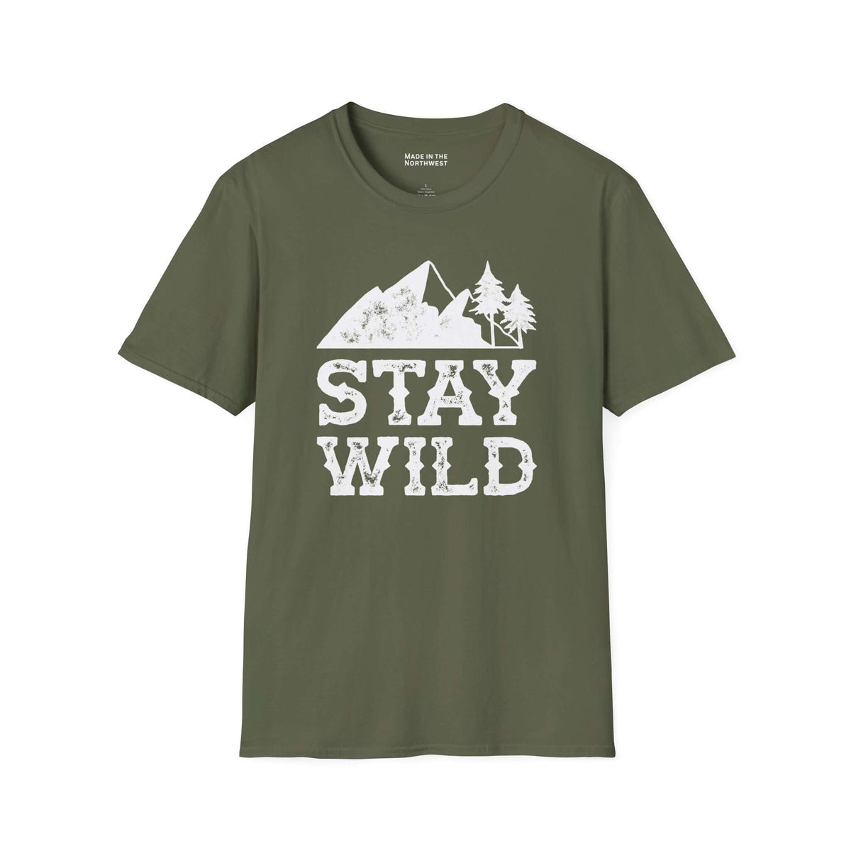 Stay Wild T Shirt featuring mountains and trees design on an olive green background.