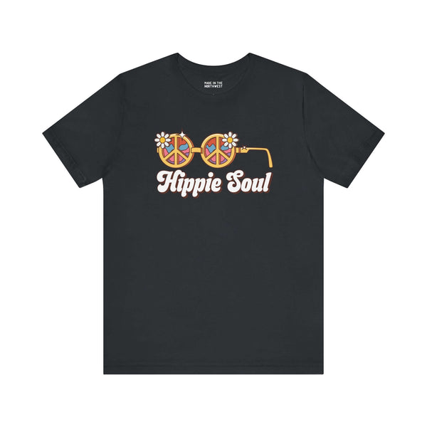 Hippie Soul retro tee featuring flower glasses with peace symbols, perfect for free spirits and vintage lovers.