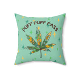 Puff Puff Pass Pillow featuring a bold marijuana leaf on a cozy green background.