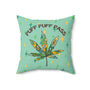 Puff Puff Pass Pillow featuring a bold marijuana leaf on a cozy green background.