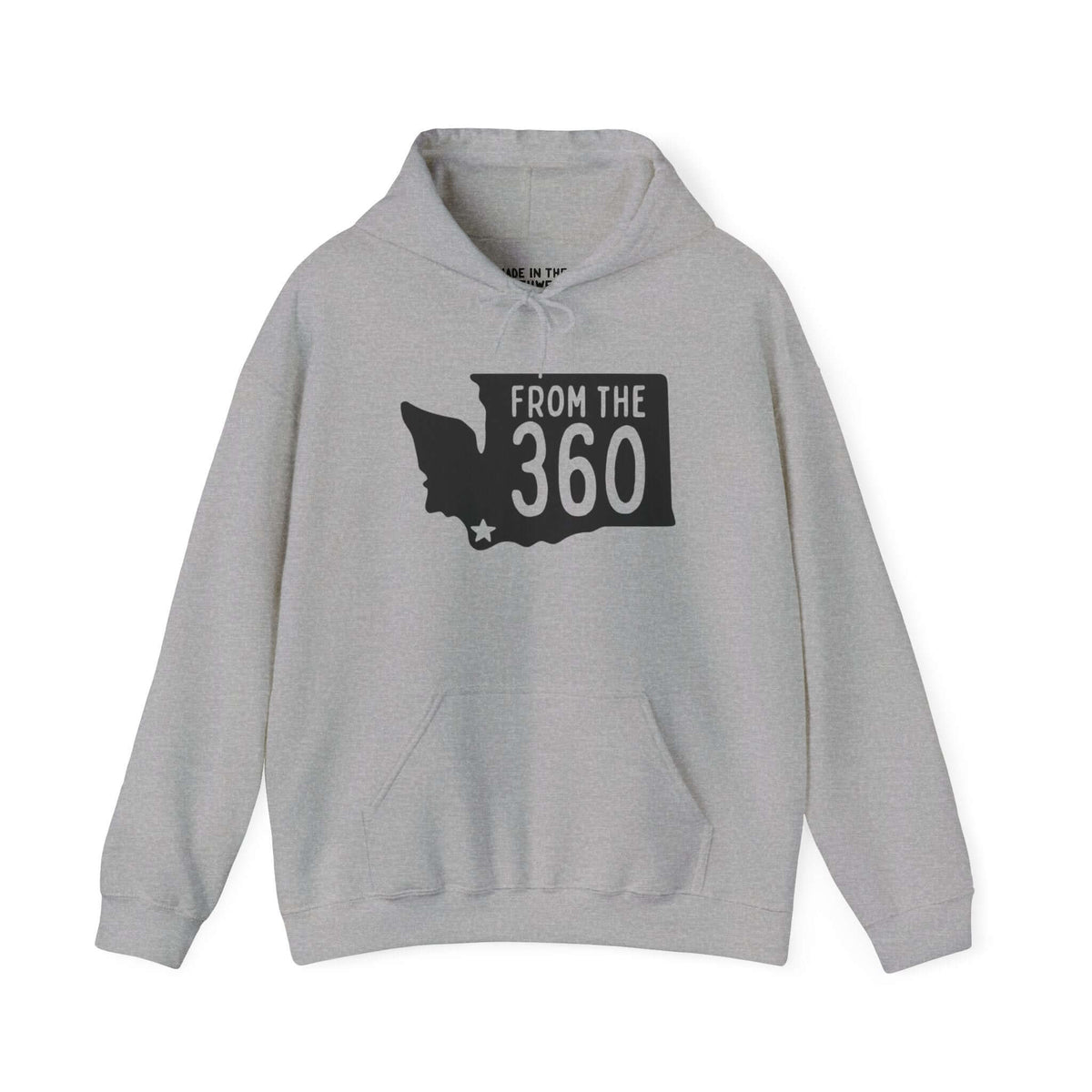 Gray hoodie featuring Washington state silhouette with 'From the 360' text and star marking Vancouver.