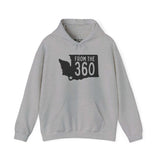 Gray hoodie featuring Washington state silhouette with 'From the 360' text and star marking Vancouver.