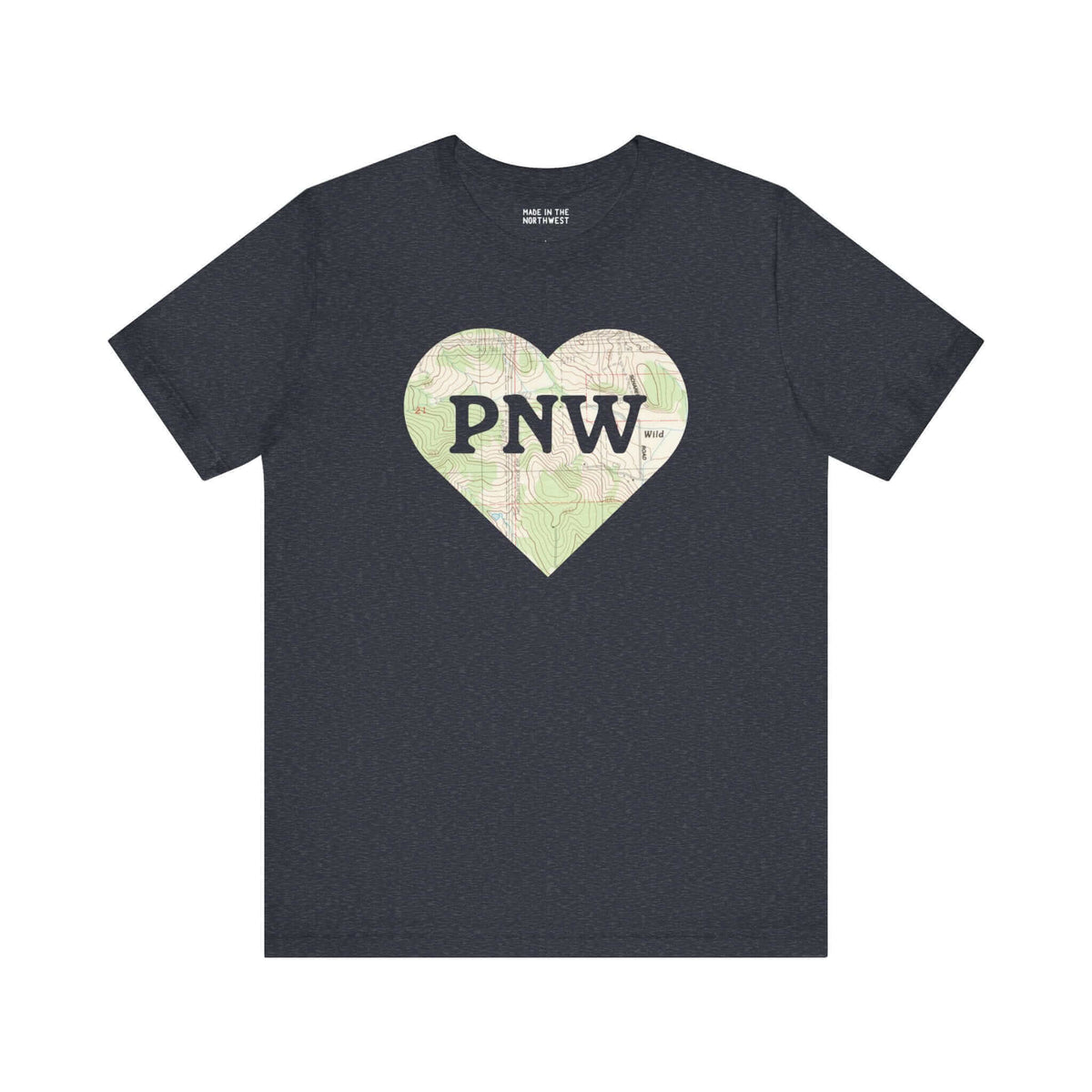 "PNW Explorer's Heart Soft Tee with topo map heart design for Pacific Northwest enthusiasts"