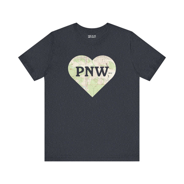 "PNW Explorer's Heart Soft Tee with topo map heart design for Pacific Northwest enthusiasts"