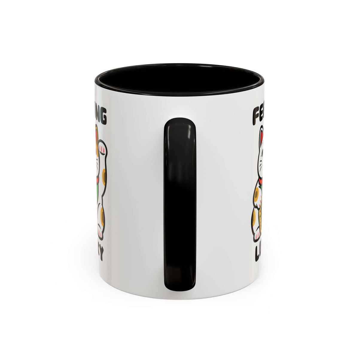 Feeling Lucky Cat Mug - Cute Maneki-Neko Illustration with black handle and glossy white exterior.