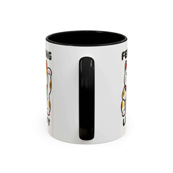 Feeling Lucky Cat Mug - Cute Maneki-Neko Illustration with black handle and glossy white exterior.