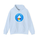 Light blue hoodie featuring a whimsical Bigfoot silhouette in a rainbow tutu with 