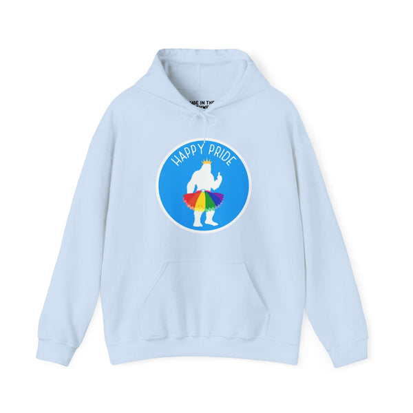 Light blue hoodie featuring a whimsical Bigfoot silhouette in a rainbow tutu with "Happy Pride" text for festive celebration wear.