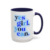 Yes Girl You Can Mug featuring bold typeface and deep-blue handle, perfect for uplifting morning routines.
