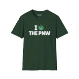 I Marijuana the PNW T Shirt featuring a bold marijuana leaf graphic on a dark green tee.