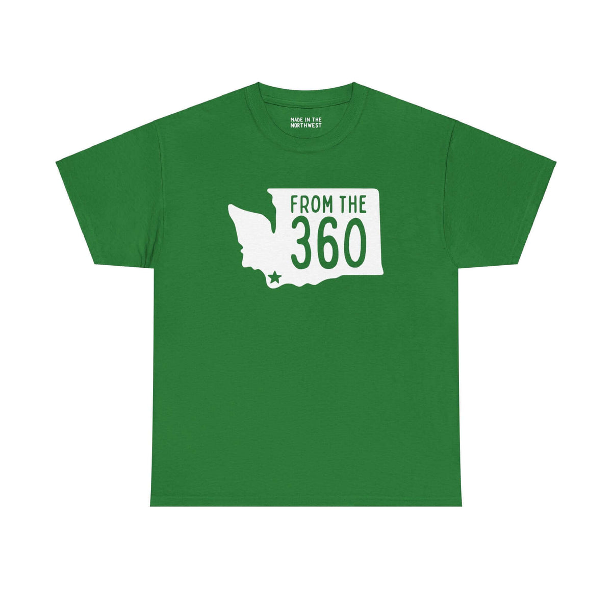 Green "From the 360" tee with Washington state silhouette and Vancouver star, showcasing local pride and area code representation.