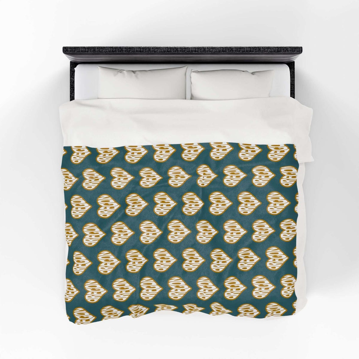 Oregon State of Mind Heart Lightweight Cozy Blanket featuring a heart pattern design in shades of gold on a dark background.