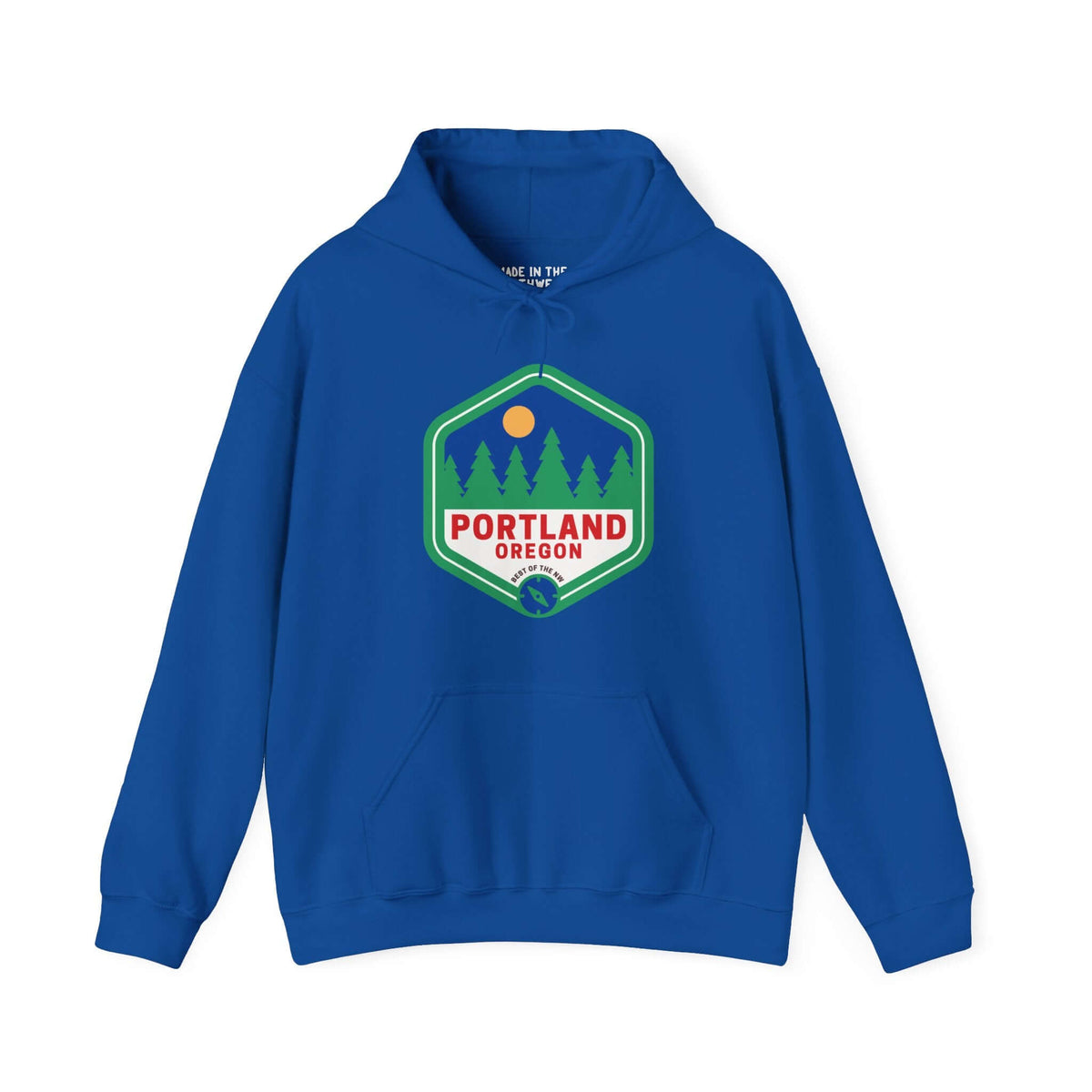 Blue Portland Oregon retro hoodie with 90s-inspired badge featuring trees, sun, and city name, showcasing Pacific Northwest style.