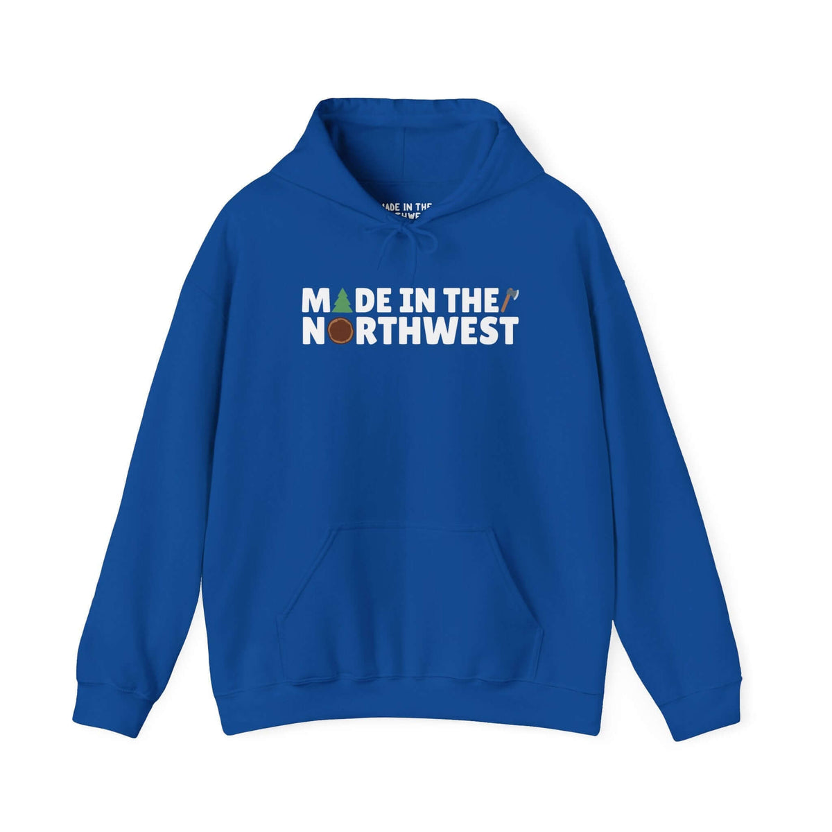 Blue Northwest Woodlands Hoodie with "Made in the Northwest" text featuring tree and log design for nature lovers.