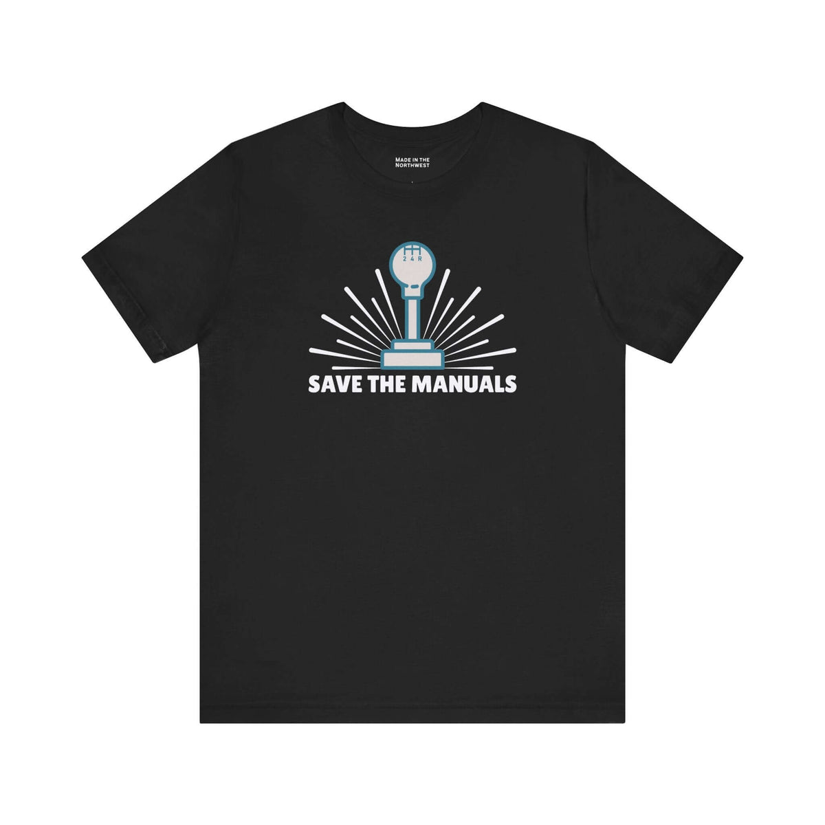 Save the Manuals T Shirt featuring a minimalist gearshift design and text on a black background.
