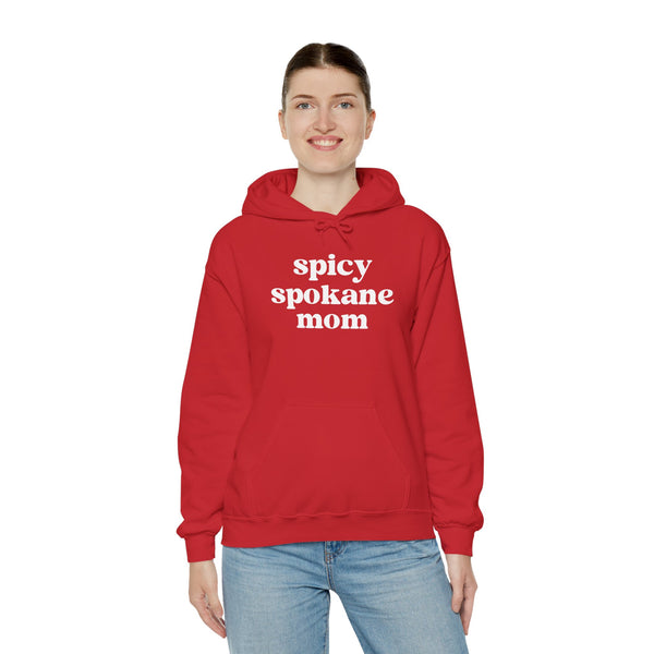Red hoodie with 'spicy spokane mom' text, perfect for active Spokane moms who love style and comfort.