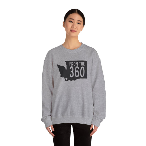 Cozy gray sweatshirt with 'From the 360' and Washington state silhouette marking Vancouver, perfect for local pride.