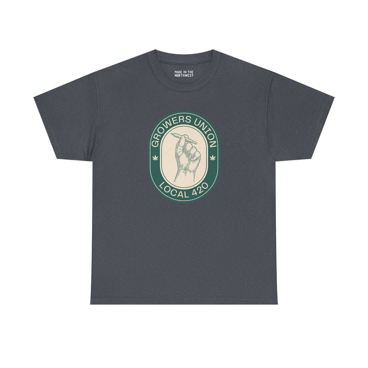 Grower's Union Local 420 athletic tee featuring a hand holding a joint and a bold logo design.