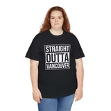 Model wearing a black 'Straight Outta Vancouver' athletic tee showcasing local pride and streetwear style.