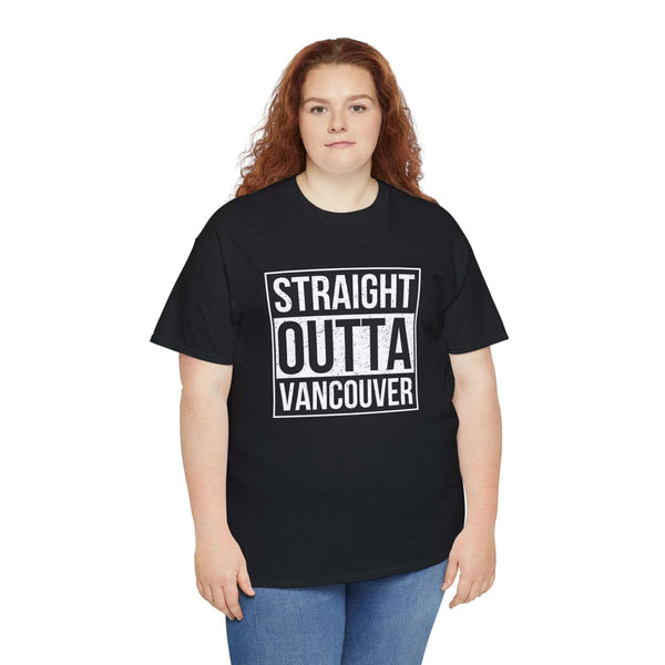 Model wearing a black 'Straight Outta Vancouver' athletic tee showcasing local pride and streetwear style.