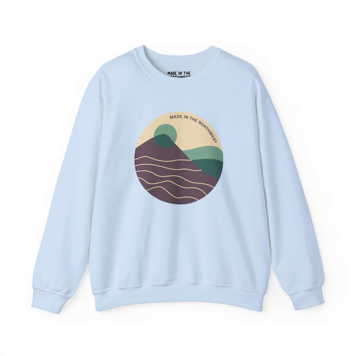 Light blue sweatshirt with circle mountain design, inspired by Pacific Northwest, featuring a modern and sleek aesthetic.