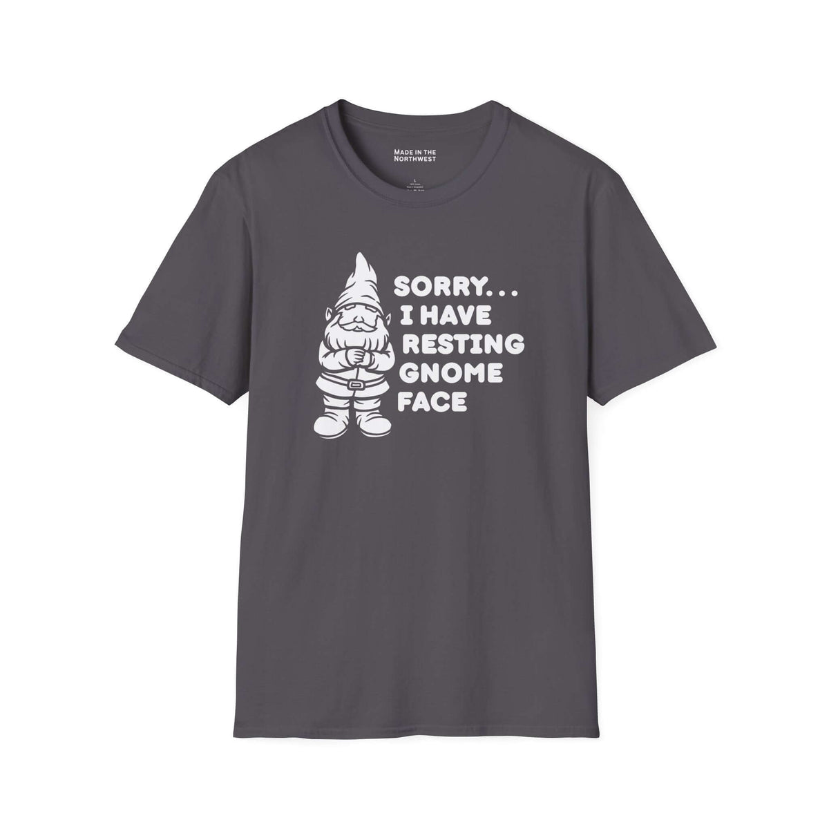 Resting gnome face t shirt featuring a grumpy gnome and humorous text on a gray crew neck tee.