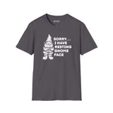 Resting gnome face t shirt featuring a grumpy gnome and humorous text on a gray crew neck tee.