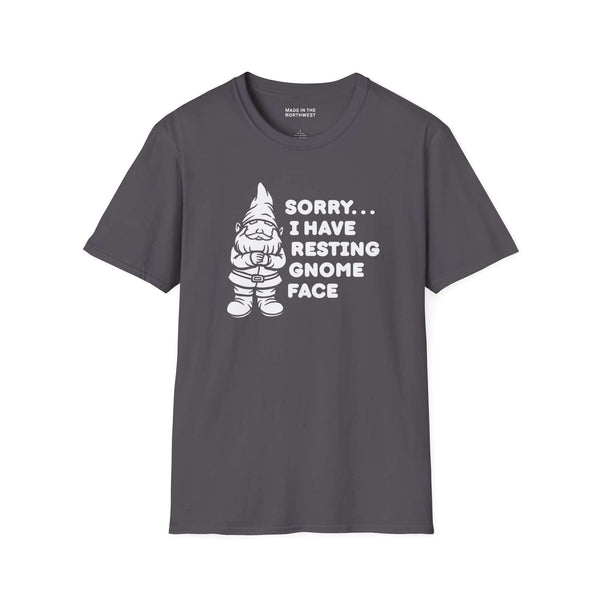 Resting gnome face t shirt featuring a grumpy gnome and humorous text on a gray crew neck tee.