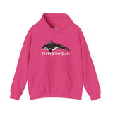 That's Killer Dude Orca Hoodie in pink, featuring a killer whale graphic, ideal for marine life enthusiasts.