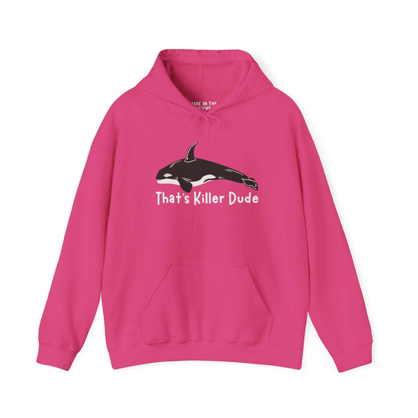 That's Killer Dude Orca Hoodie in pink, featuring a killer whale graphic, ideal for marine life enthusiasts.