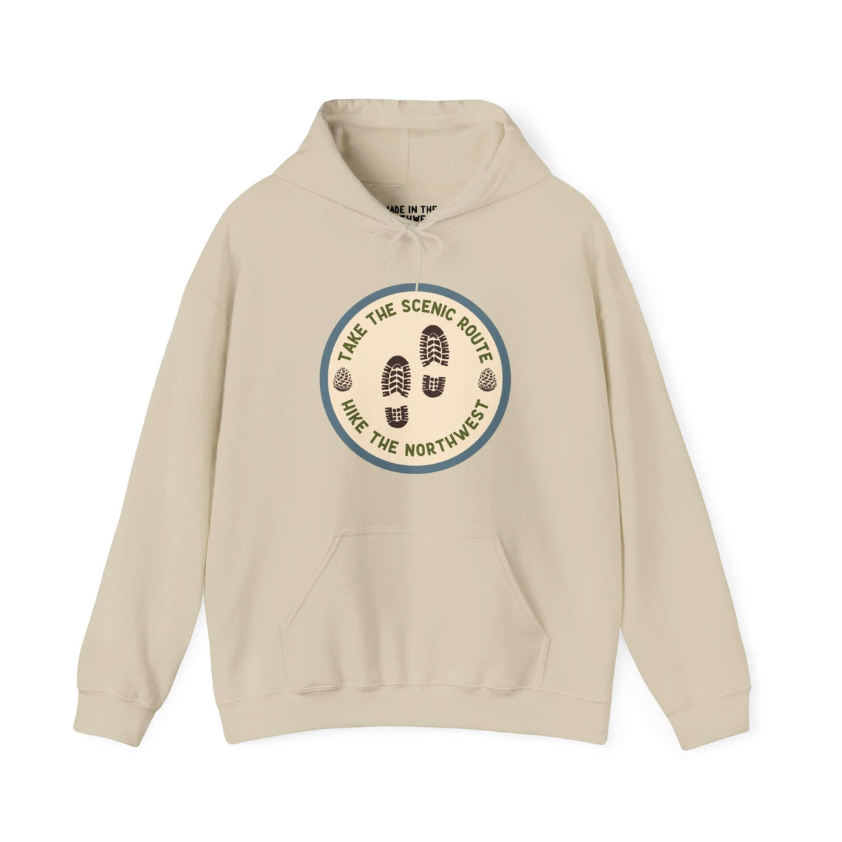 Beige hoodie with "Take the Scenic Route - Hike the Northwest" design, perfect for outdoor enthusiasts and adventure seekers.